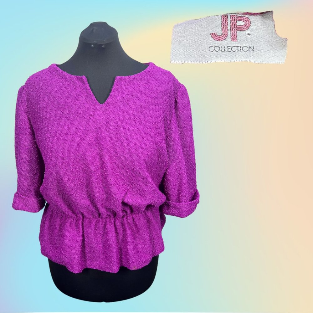 VTG 1980's JP COLLECTION Vivid Orchid Boucle Knit 1/2 Sleeve Peplum Blouse Sz 25